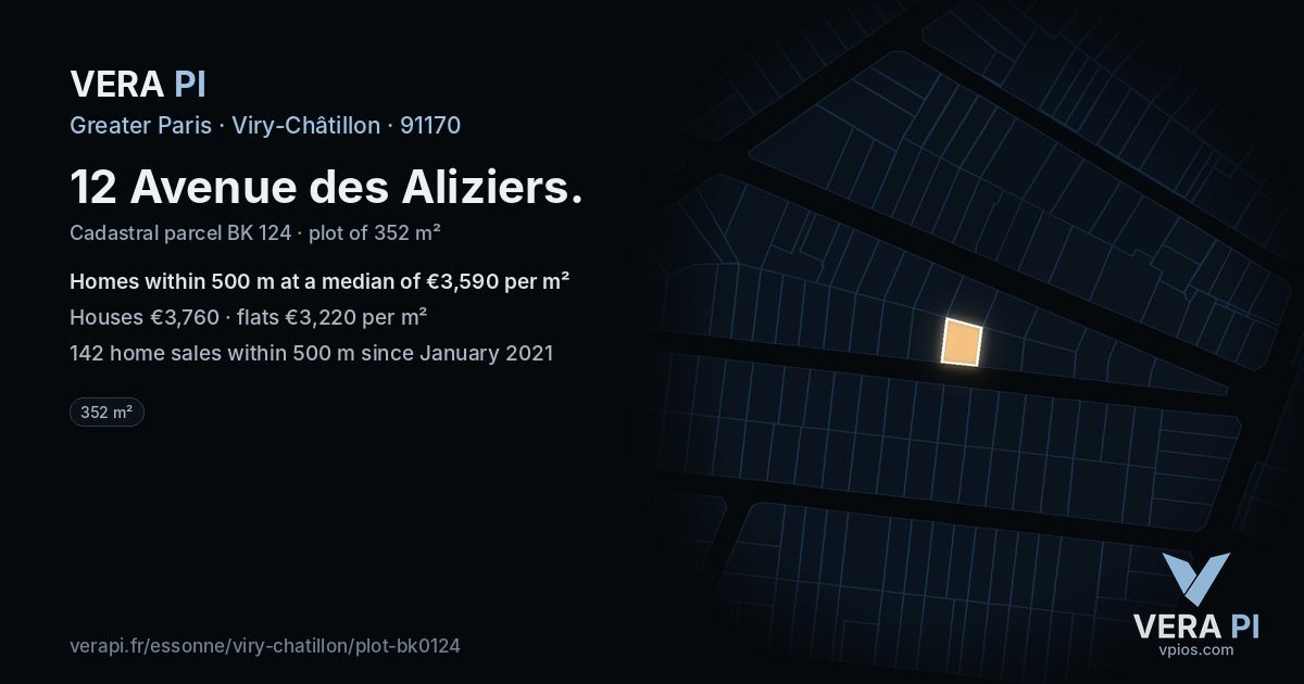 12 Avenue des Aliziers, Viry-Châtillon at night – the plot lit, the parcels around coloured by the prices near them