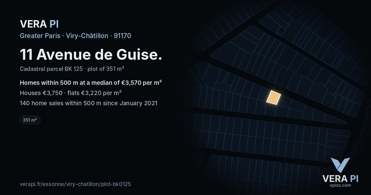 11 Avenue de Guise, Viry-Châtillon at night – the plot lit, the parcels around coloured by the prices near them