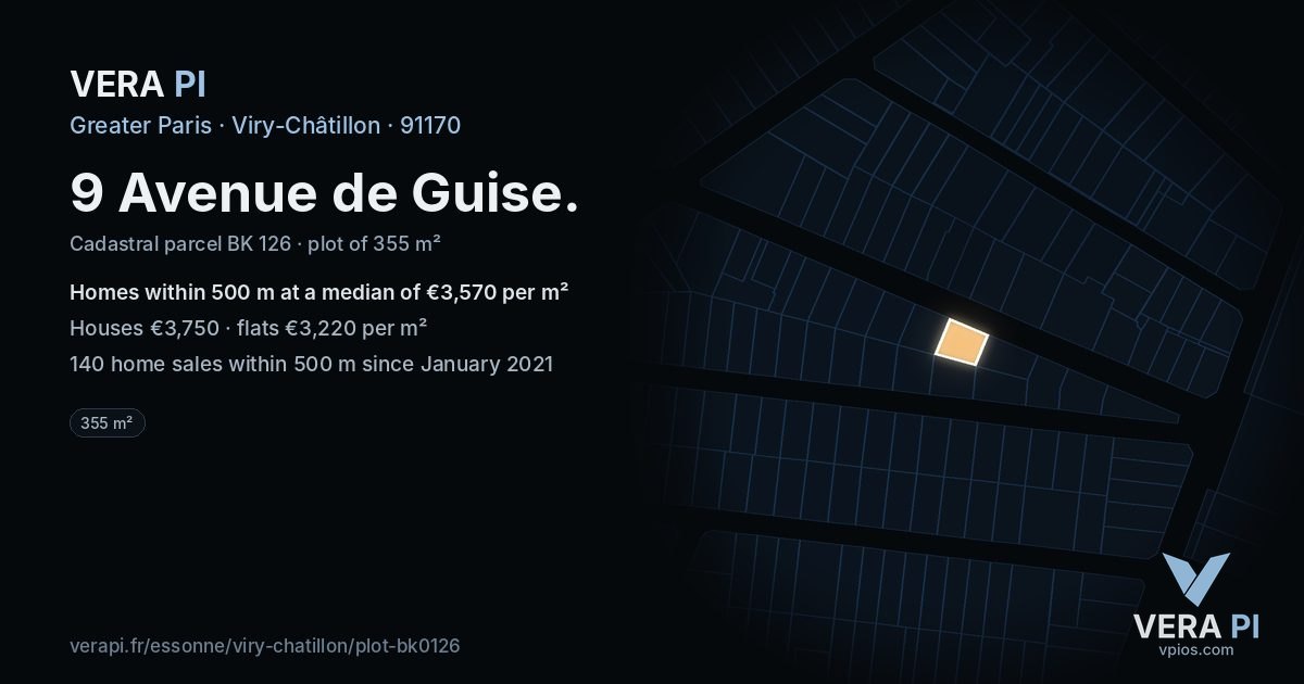 9 Avenue de Guise, Viry-Châtillon at night – the plot lit, the parcels around coloured by the prices near them