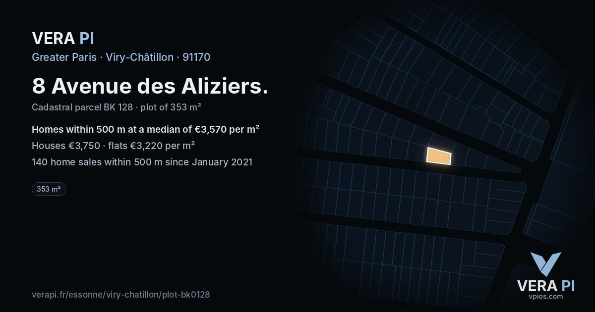 8 Avenue des Aliziers, Viry-Châtillon at night – the plot lit, the parcels around coloured by the prices near them