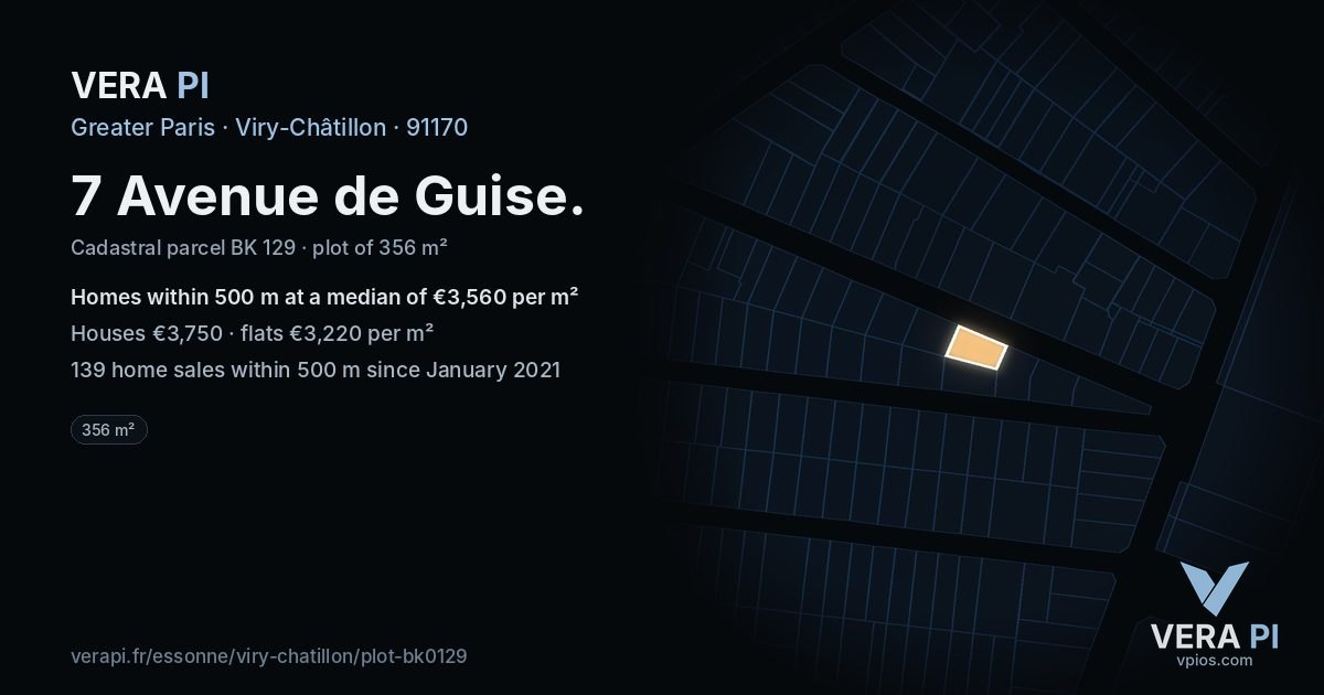 7 Avenue de Guise, Viry-Châtillon at night – the plot lit, the parcels around coloured by the prices near them