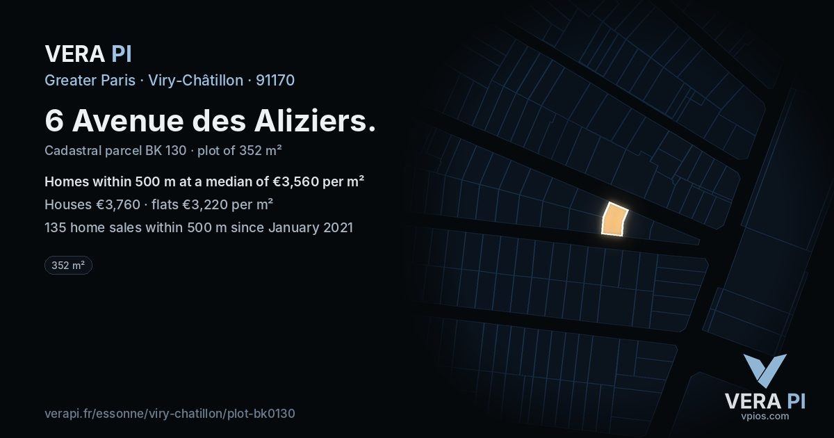 6 Avenue des Aliziers, Viry-Châtillon at night – the plot lit, the parcels around coloured by the prices near them