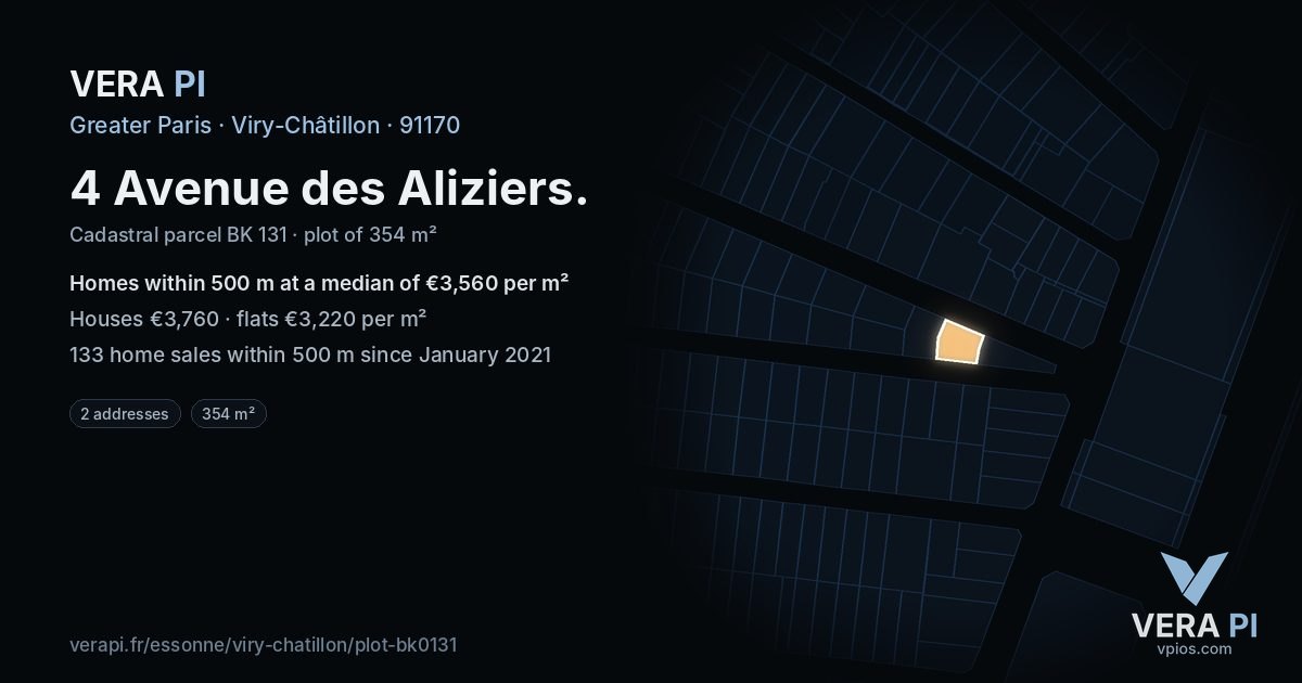 4 Avenue des Aliziers, Viry-Châtillon at night – the plot lit, the parcels around coloured by the prices near them