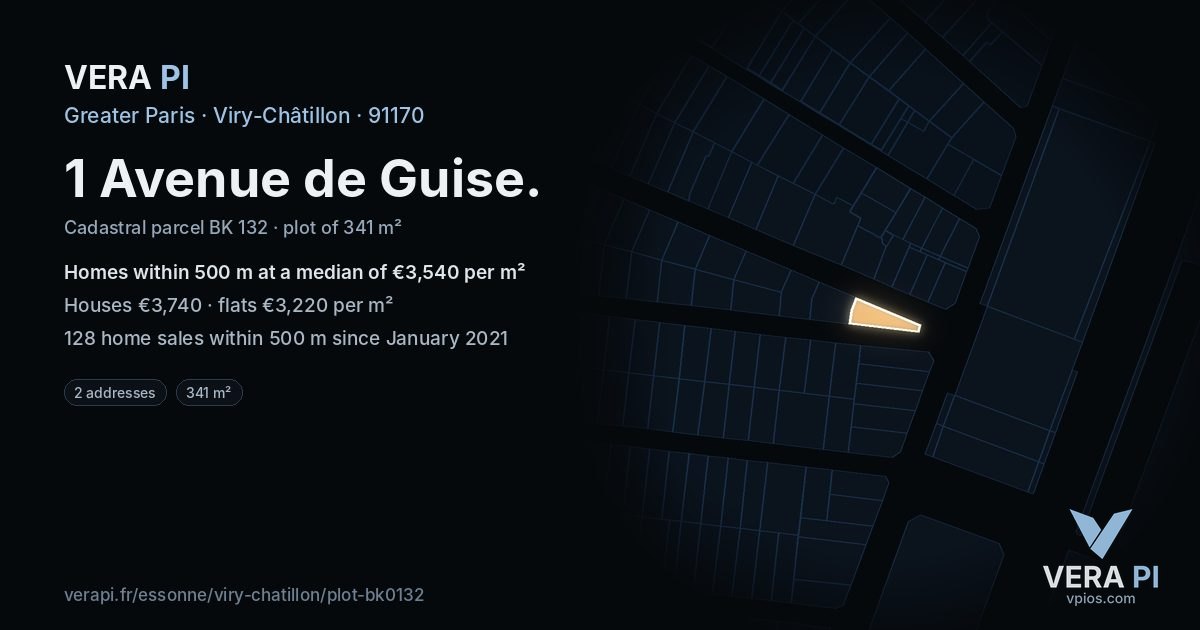 1 Avenue de Guise, Viry-Châtillon at night – the plot lit, the parcels around coloured by the prices near them