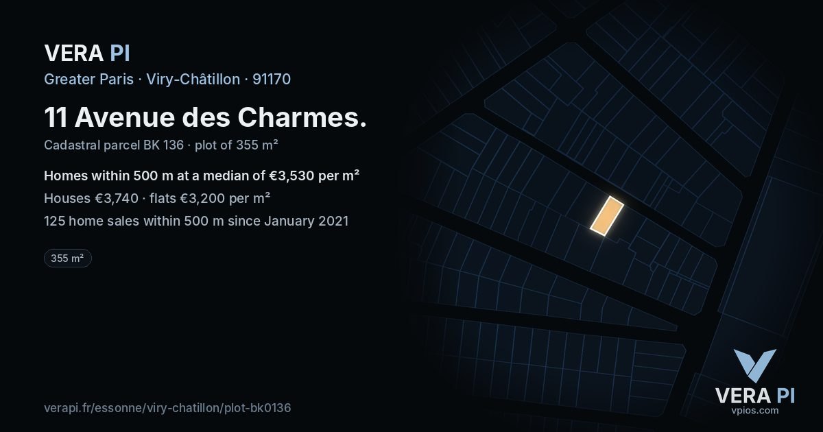 11 Avenue des Charmes, Viry-Châtillon at night – the plot lit, the parcels around coloured by the prices near them
