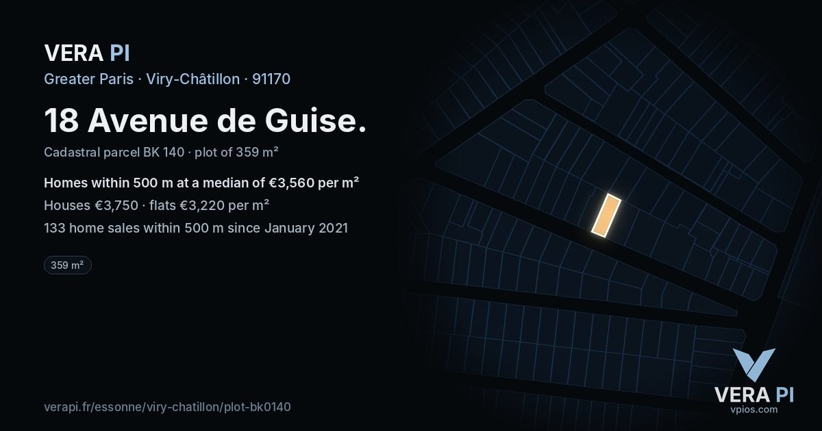 18 Avenue de Guise, Viry-Châtillon at night – the plot lit, the parcels around coloured by the prices near them