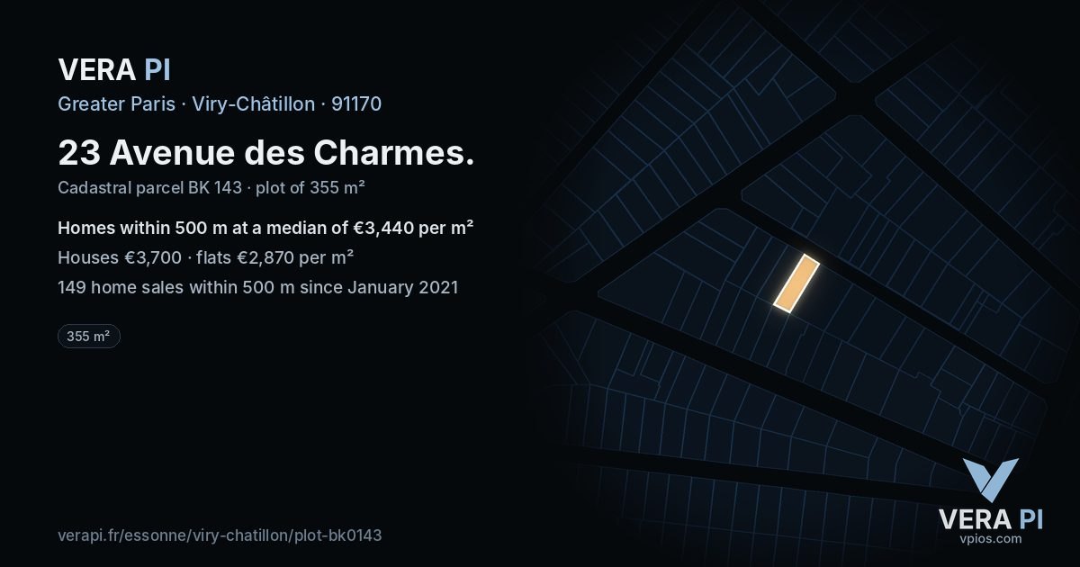 23 Avenue des Charmes, Viry-Châtillon at night – the plot lit, the parcels around coloured by the prices near them