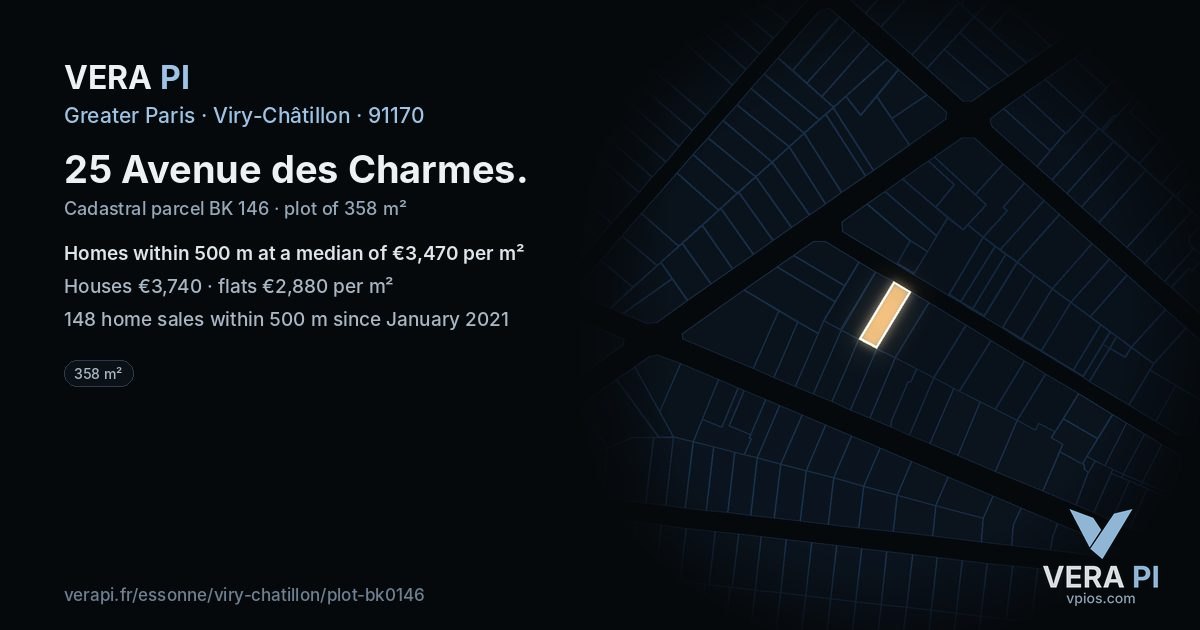 25 Avenue des Charmes, Viry-Châtillon at night – the plot lit, the parcels around coloured by the prices near them