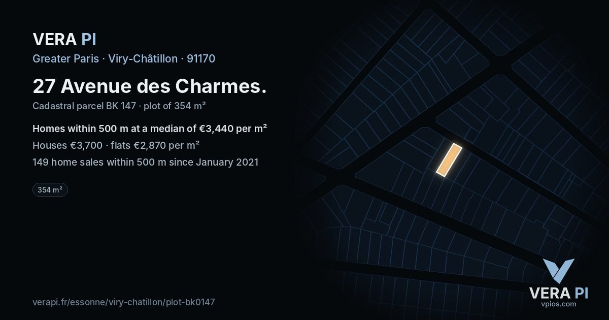 27 Avenue des Charmes, Viry-Châtillon at night – the plot lit, the parcels around coloured by the prices near them