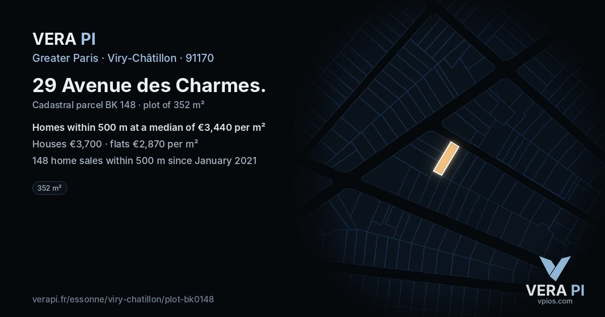 29 Avenue des Charmes, Viry-Châtillon at night – the plot lit, the parcels around coloured by the prices near them