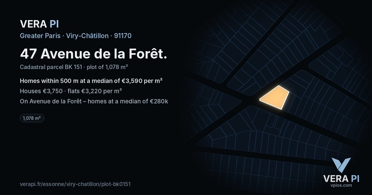47 Avenue de la Forêt, Viry-Châtillon at night – the plot lit, the parcels around coloured by the prices near them