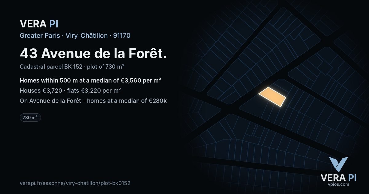 43 Avenue de la Forêt, Viry-Châtillon at night – the plot lit, the parcels around coloured by the prices near them