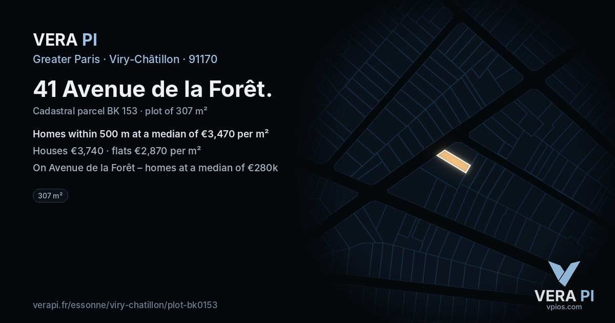 41 Avenue de la Forêt, Viry-Châtillon at night – the plot lit, the parcels around coloured by the prices near them
