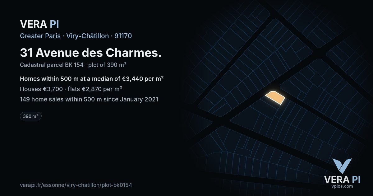 31 Avenue des Charmes, Viry-Châtillon at night – the plot lit, the parcels around coloured by the prices near them
