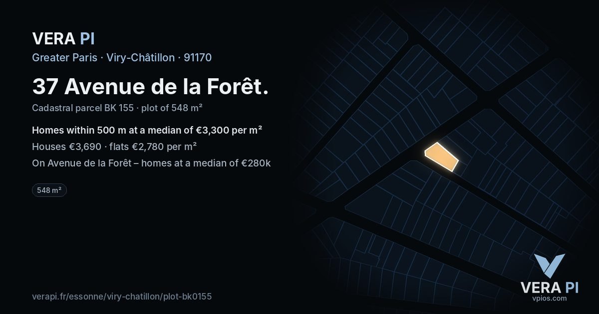 37 Avenue de la Forêt, Viry-Châtillon at night – the plot lit, the parcels around coloured by the prices near them