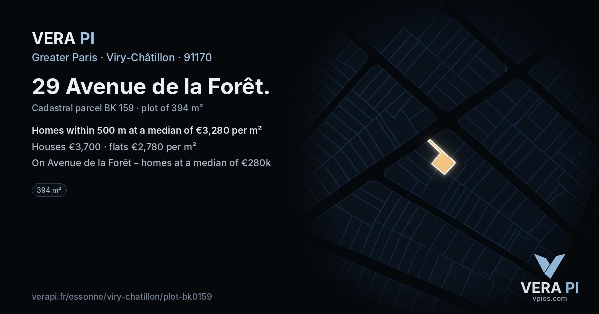 29 Avenue de la Forêt, Viry-Châtillon at night – the plot lit, the parcels around coloured by the prices near them