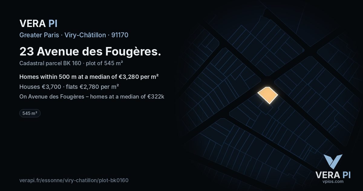 23 Avenue des Fougères, Viry-Châtillon at night – the plot lit, the parcels around coloured by the prices near them