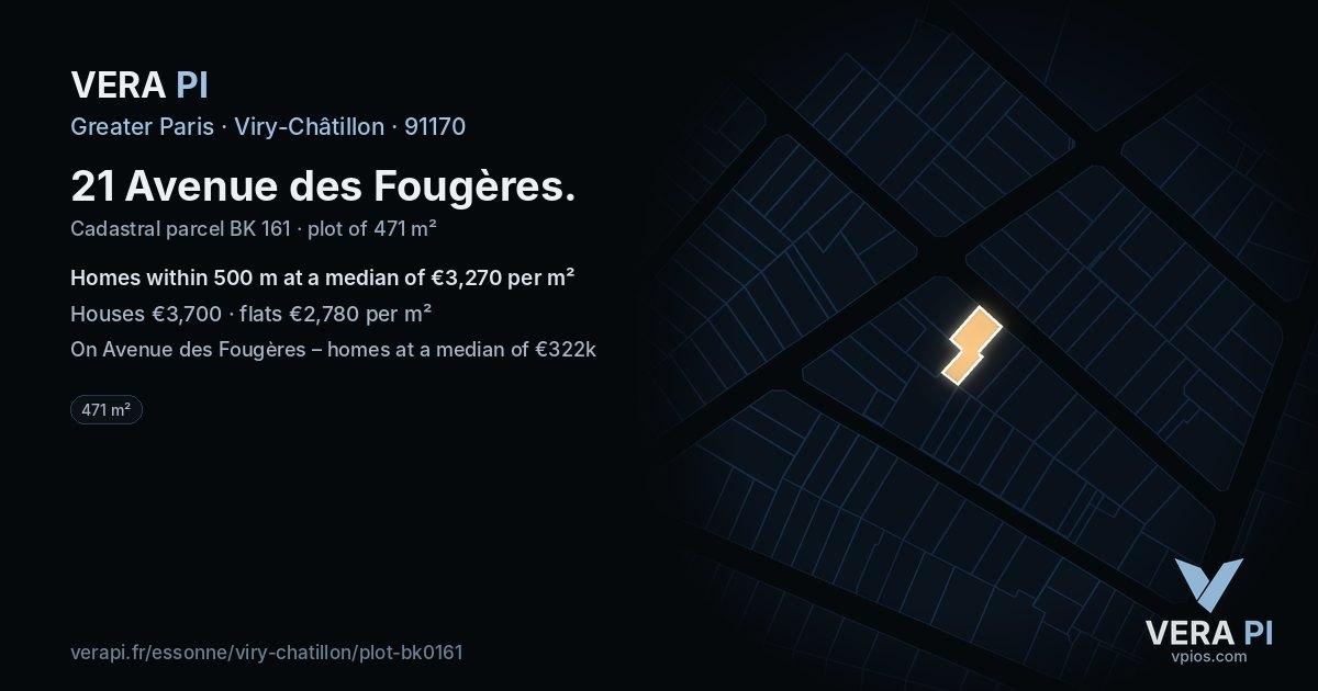 21 Avenue des Fougères, Viry-Châtillon at night – the plot lit, the parcels around coloured by the prices near them