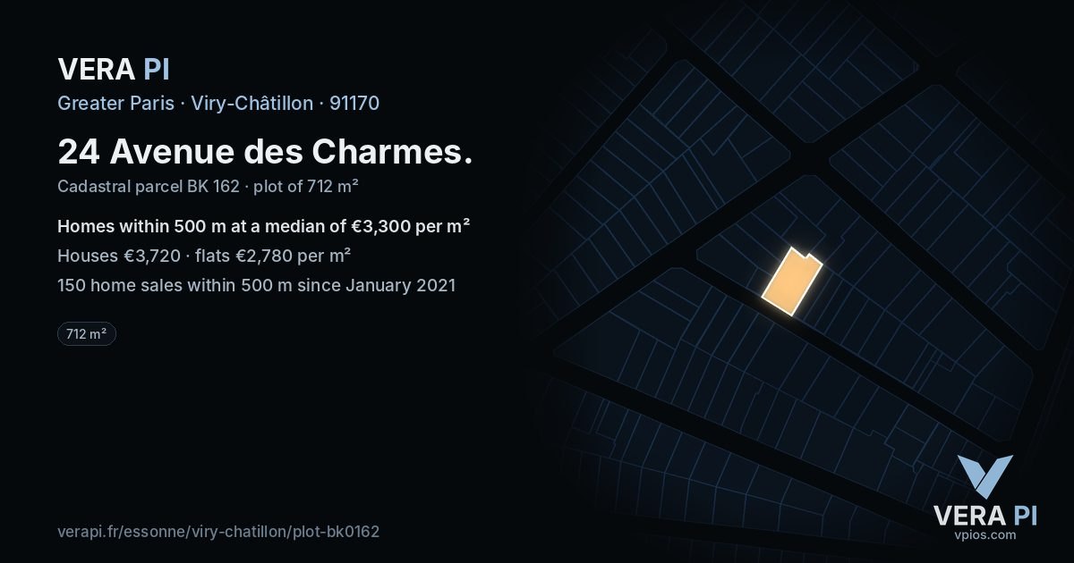 24 Avenue des Charmes, Viry-Châtillon at night – the plot lit, the parcels around coloured by the prices near them