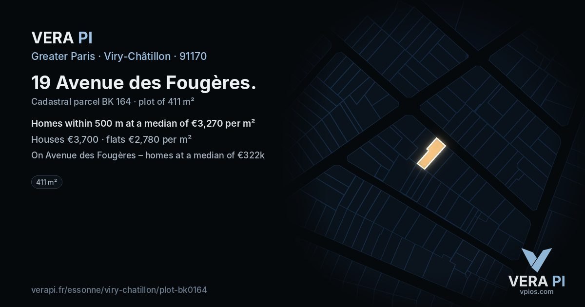 19 Avenue des Fougères, Viry-Châtillon at night – the plot lit, the parcels around coloured by the prices near them