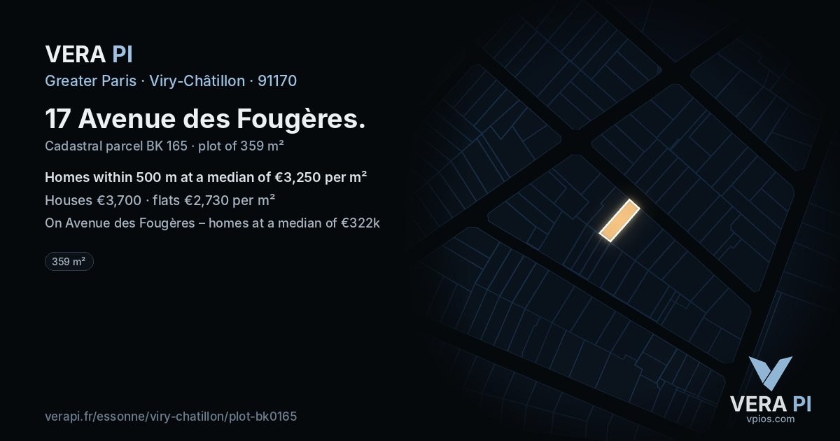 17 Avenue des Fougères, Viry-Châtillon at night – the plot lit, the parcels around coloured by the prices near them