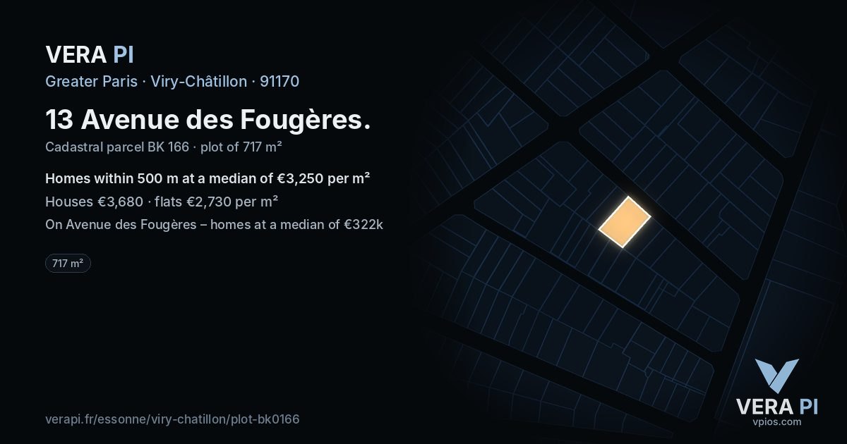 13 Avenue des Fougères, Viry-Châtillon at night – the plot lit, the parcels around coloured by the prices near them