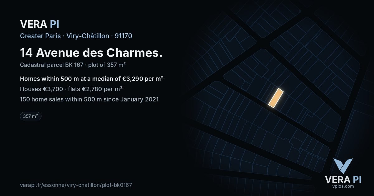 14 Avenue des Charmes, Viry-Châtillon at night – the plot lit, the parcels around coloured by the prices near them