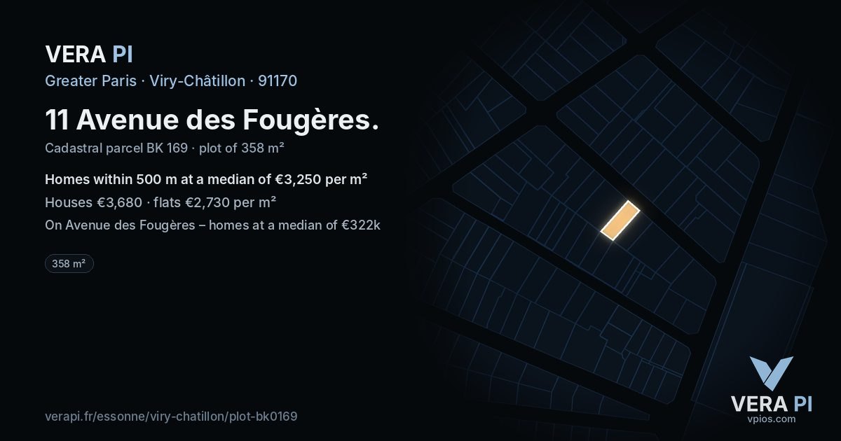 11 Avenue des Fougères, Viry-Châtillon at night – the plot lit, the parcels around coloured by the prices near them