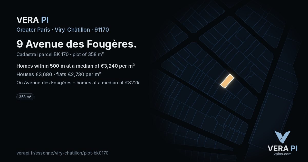 9 Avenue des Fougères, Viry-Châtillon at night – the plot lit, the parcels around coloured by the prices near them