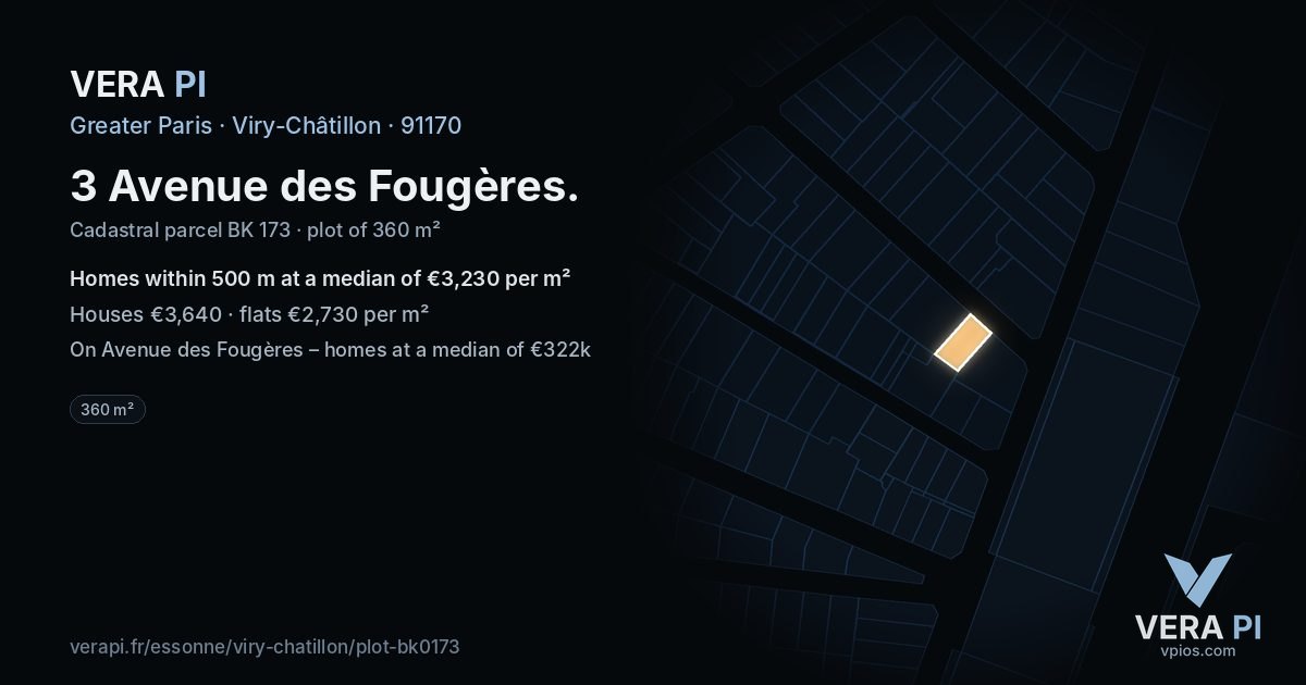 3 Avenue des Fougères, Viry-Châtillon at night – the plot lit, the parcels around coloured by the prices near them