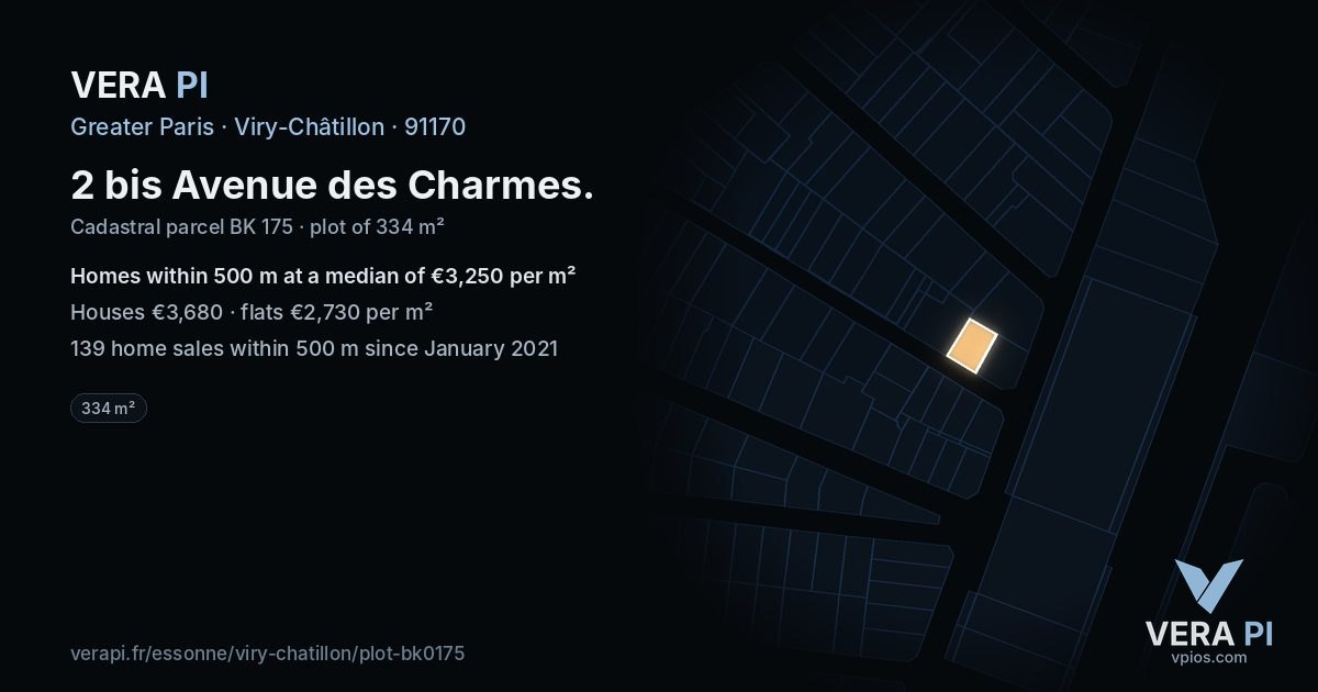2 bis Avenue des Charmes, Viry-Châtillon at night – the plot lit, the parcels around coloured by the prices near them