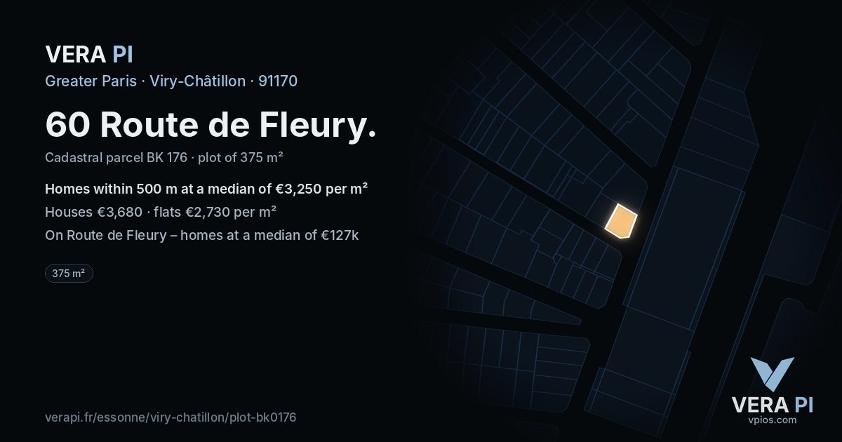 60 Route de Fleury, Viry-Châtillon at night – the plot lit, the parcels around coloured by the prices near them