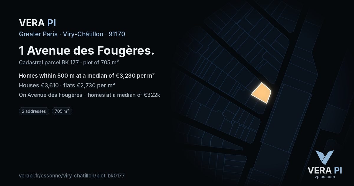1 Avenue des Fougères, Viry-Châtillon at night – the plot lit, the parcels around coloured by the prices near them