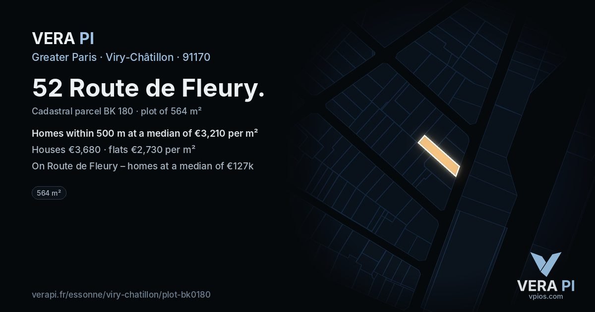 52 Route de Fleury, Viry-Châtillon at night – the plot lit, the parcels around coloured by the prices near them