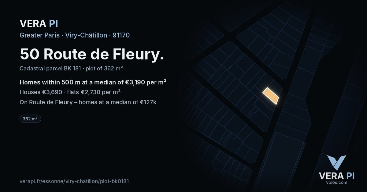50 Route de Fleury, Viry-Châtillon at night – the plot lit, the parcels around coloured by the prices near them