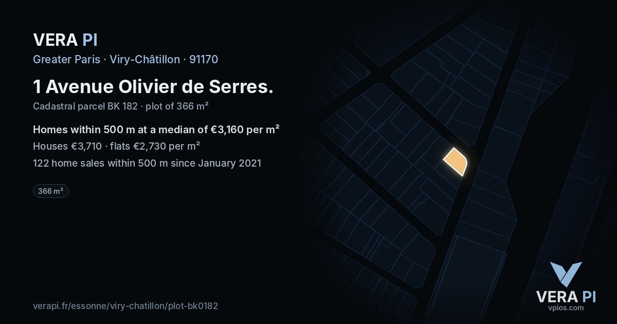1 Avenue Olivier de Serres, Viry-Châtillon at night – the plot lit, the parcels around coloured by the prices near them