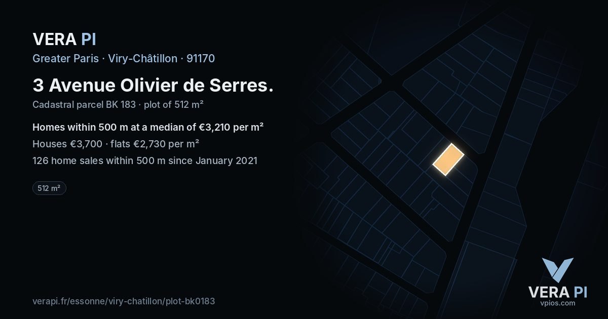 3 Avenue Olivier de Serres, Viry-Châtillon at night – the plot lit, the parcels around coloured by the prices near them