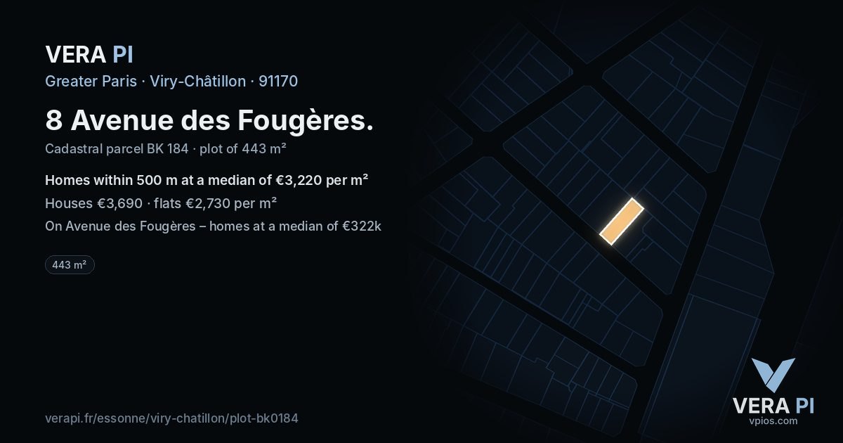 8 Avenue des Fougères, Viry-Châtillon at night – the plot lit, the parcels around coloured by the prices near them