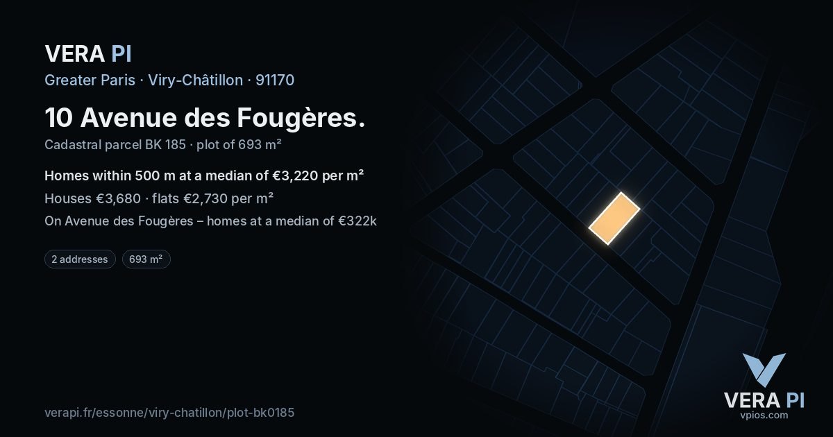 10 Avenue des Fougères, Viry-Châtillon at night – the plot lit, the parcels around coloured by the prices near them