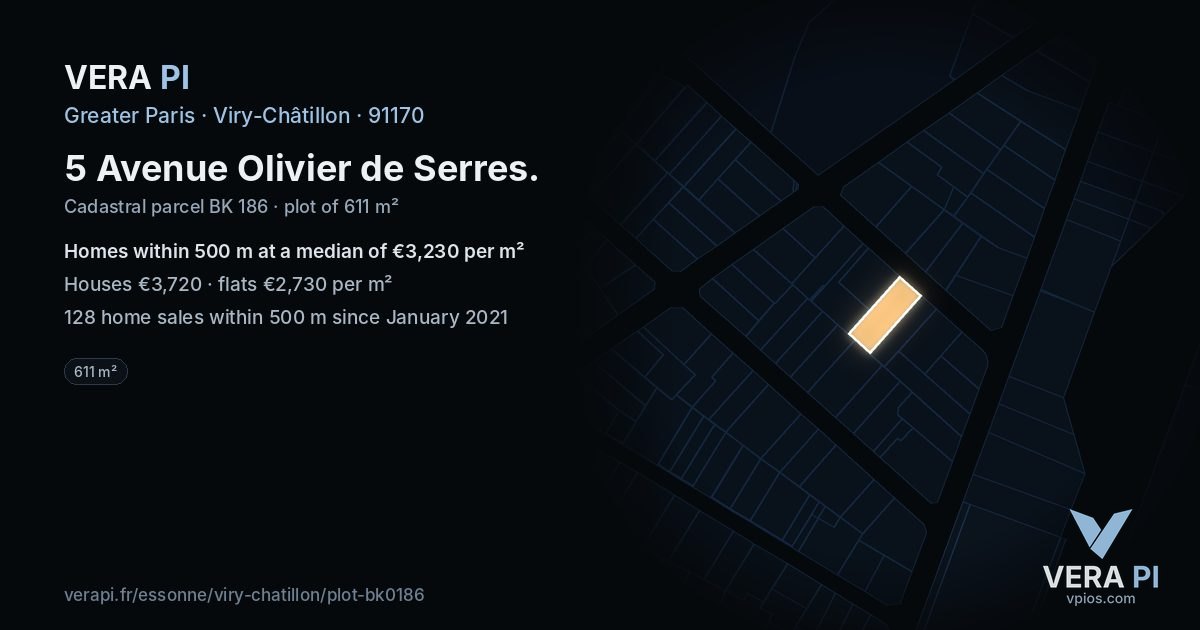 5 Avenue Olivier de Serres, Viry-Châtillon at night – the plot lit, the parcels around coloured by the prices near them