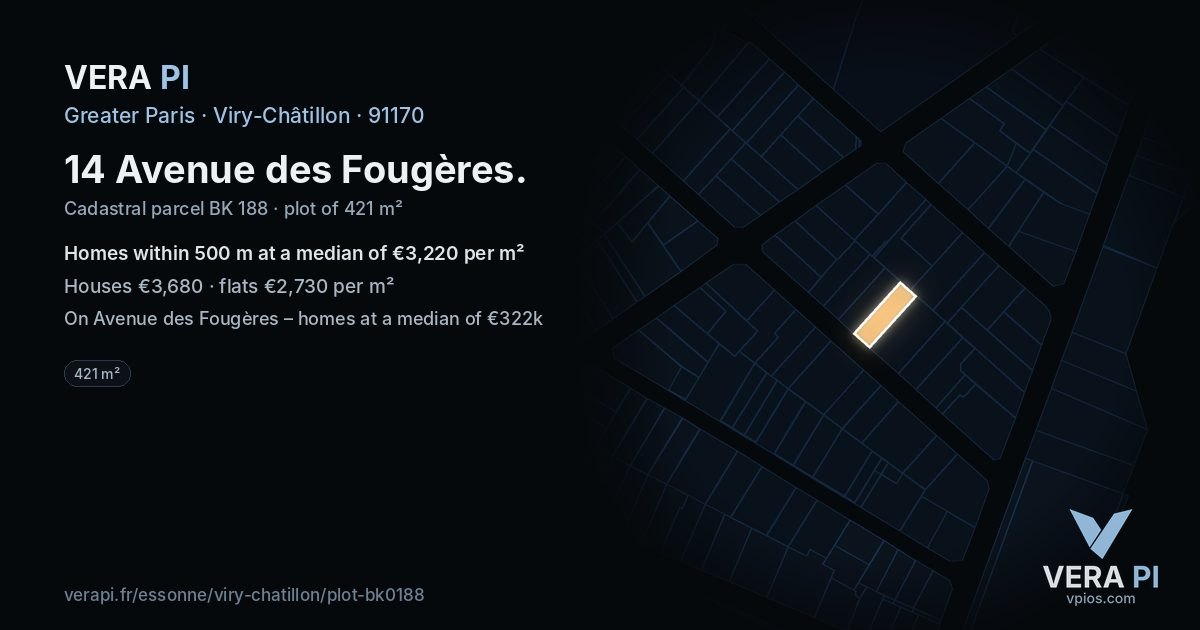 14 Avenue des Fougères, Viry-Châtillon at night – the plot lit, the parcels around coloured by the prices near them