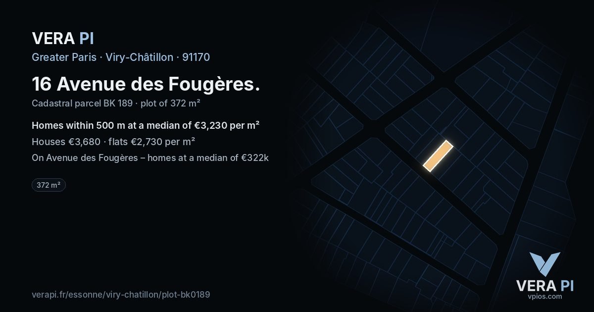 16 Avenue des Fougères, Viry-Châtillon at night – the plot lit, the parcels around coloured by the prices near them