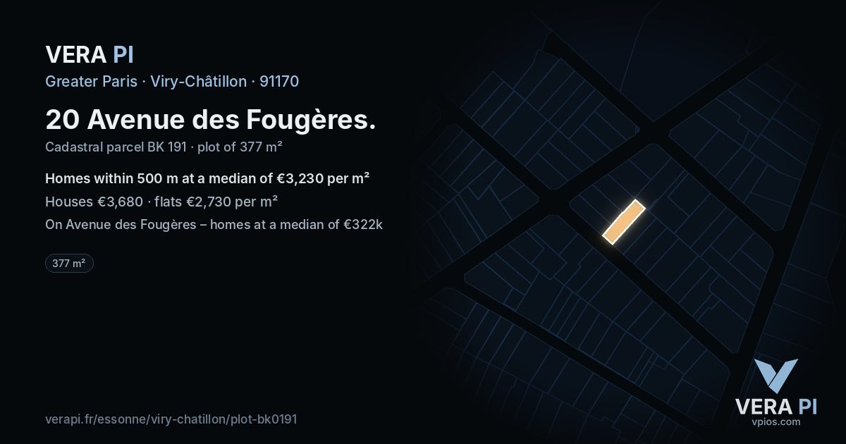 20 Avenue des Fougères, Viry-Châtillon at night – the plot lit, the parcels around coloured by the prices near them