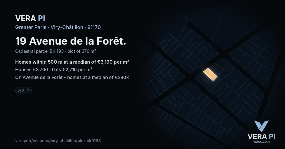 19 Avenue de la Forêt, Viry-Châtillon at night – the plot lit, the parcels around coloured by the prices near them