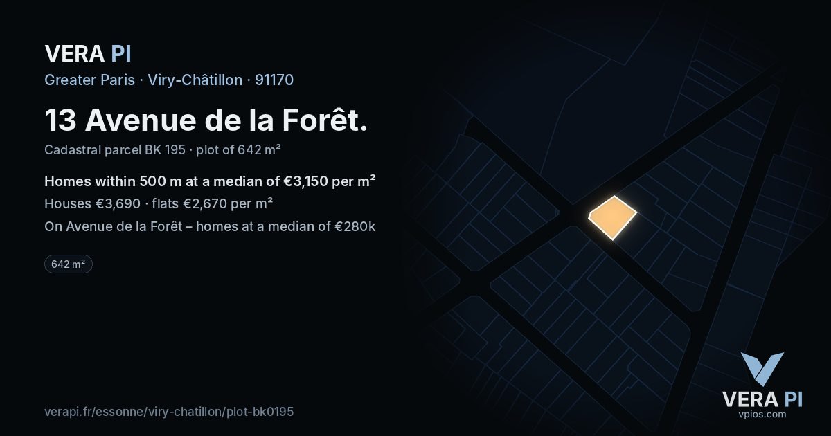 13 Avenue de la Forêt, Viry-Châtillon at night – the plot lit, the parcels around coloured by the prices near them