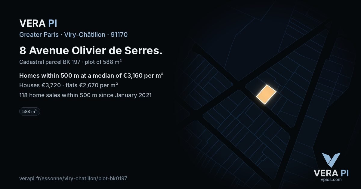 8 Avenue Olivier de Serres, Viry-Châtillon at night – the plot lit, the parcels around coloured by the prices near them