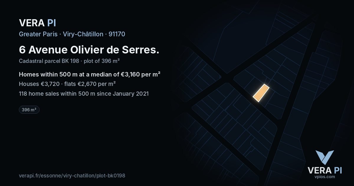 6 Avenue Olivier de Serres, Viry-Châtillon at night – the plot lit, the parcels around coloured by the prices near them