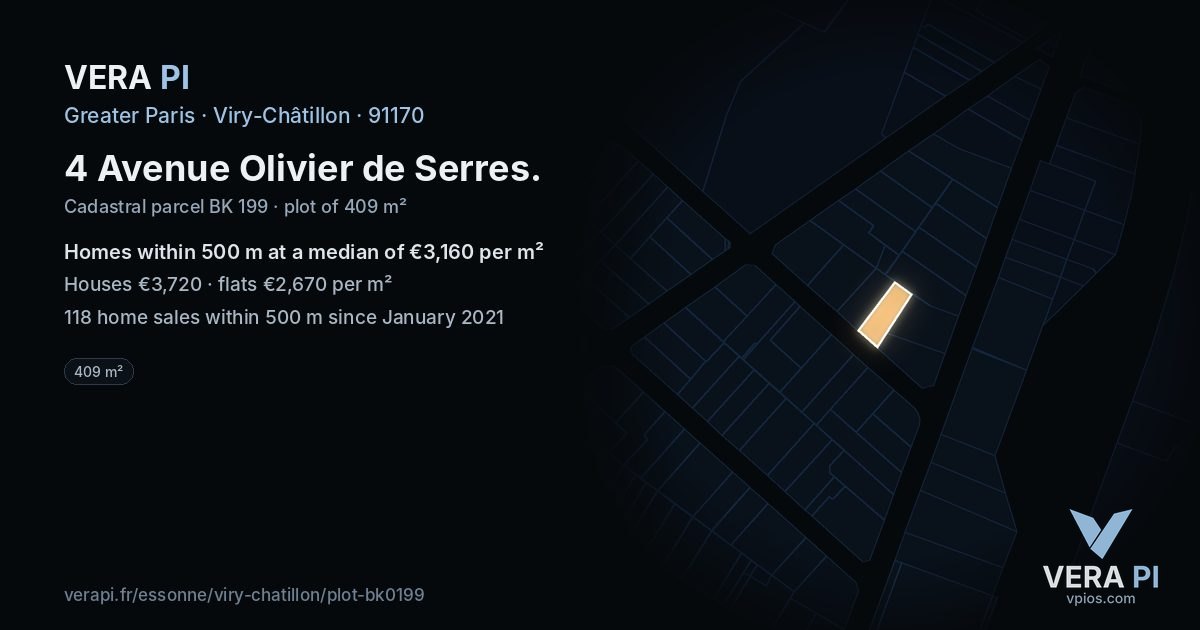 4 Avenue Olivier de Serres, Viry-Châtillon at night – the plot lit, the parcels around coloured by the prices near them