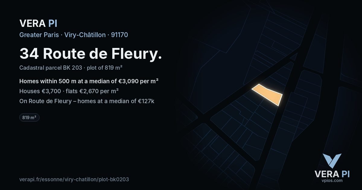 34 Route de Fleury, Viry-Châtillon at night – the plot lit, the parcels around coloured by the prices near them