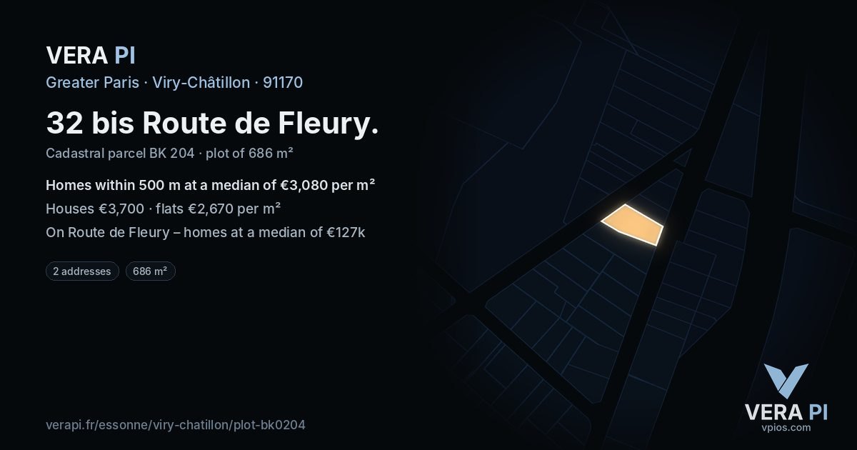 32 bis Route de Fleury, Viry-Châtillon at night – the plot lit, the parcels around coloured by the prices near them